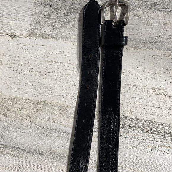 Vtg Men's Black Oil Tanned Leather Braided Belt Western Solid Brass Buckle 40" - Picture 5 of 6